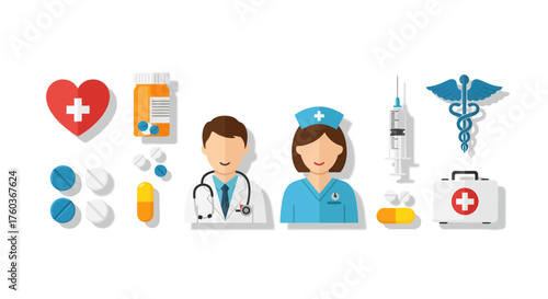 Medical Icons Featuring Doctor Nurse Heart Syringe and Caduceus.