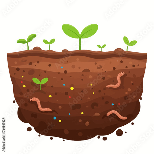 Cartoon Soil CrossSection with Seedlings and Worms Illustration.