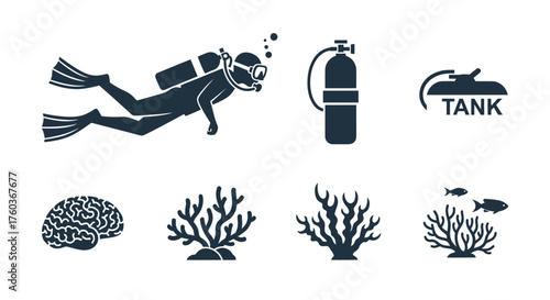 Silhouette of a Scuba Diver with Fins and Equipment in Motion.