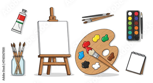 Artistic Painting Supplies: Easel Palette Brushes and Paint.