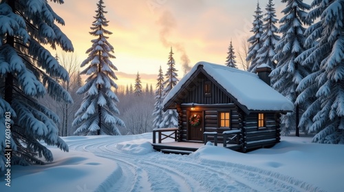 Wallpaper Mural Cozy log cabin in a snowy winter forest at sunset Torontodigital.ca