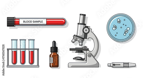 Medical Laboratory Equipment: Microscope Blood Samples and Vials.