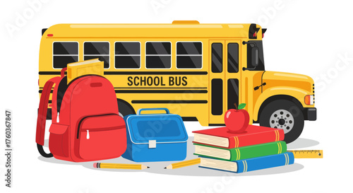 Yellow School Bus with Backpack Lunchbox Books and Apple.