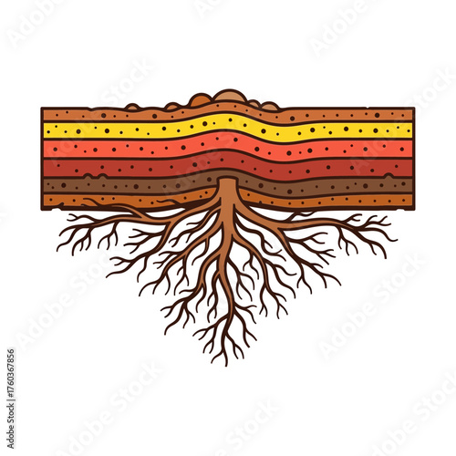 CrossSection Illustration of Soil Layers with Tree Roots Detailed and Stylized.