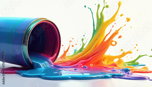 Fototapeta Naklejka Na Ścianę i Meble -  Paint spills from tilted. Colorful liquid flows, swirls creating bright pattern. Rainbow palette shows creativity, mess. Vivid color paint splash for design, decoration. Artistic background for art