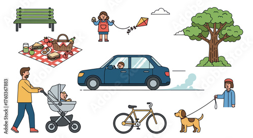 Cartoon Illustrations of Park Life and Outdoor Leisure Activities Collection.