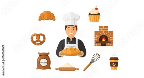 Cheerful Baker Holding Freshly Baked Pie with Baking Tools.