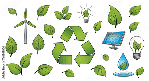 Eco-friendly symbols and elements for sustainability and renewable energy.