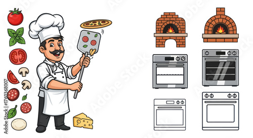 Cheerful Chef with Pizza and Assorted Ovens.