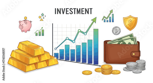 Financial Investment Growth Concept with Gold Money and Upward Graph.