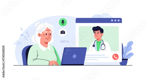 An elderly woman consults with a doctor via video call on a laptop, discussing health concerns.