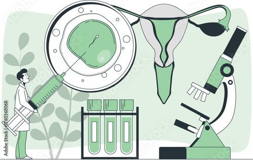 Doctor with syringe near uterus and egg with sperm, microscope and test tubes medical healthcare