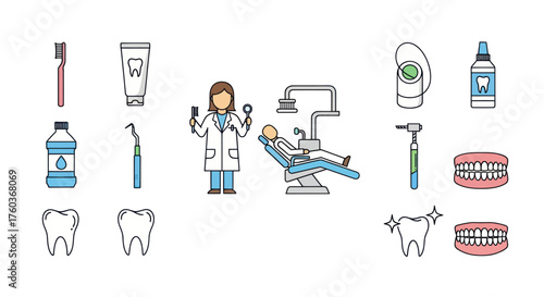 Dental Care Icons Featuring Dentist Patient and Tools.