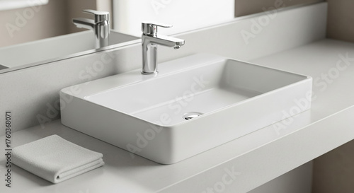 Modern bathroom sink and faucet design in white minimalist interior style