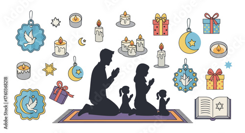 Family Praying Together with Religious Symbols and Gifts.