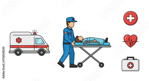 Cartoon Paramedic Transporting Patient on Stretcher for Emergency Medical Care.