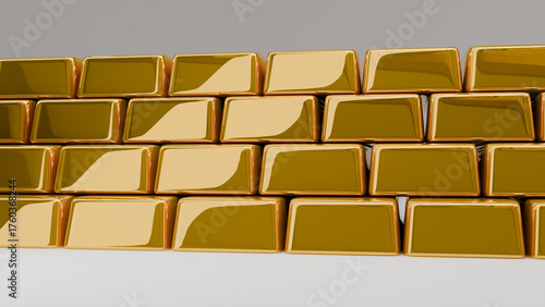 3D gold bars lie on a white glossy background on the theme of business accumulation