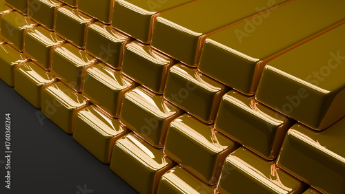 3d gold bars lie on a black glossy background on the theme of business accumulation