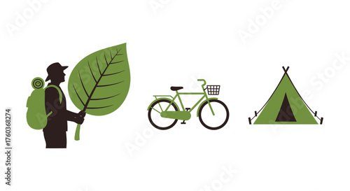A set of eco-friendly travel icons featuring a hiker with a leaf a bicycle and a camping tent.