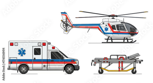 Emergency Medical Services: Ambulance Helicopter and Stretcher.