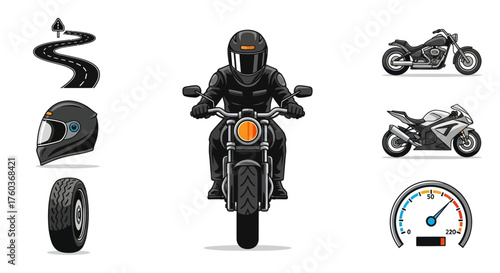 Rider on a Classic Motorcycle with Accessories and Speedometer.