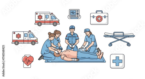 Medical Emergency Team Performing CPR and Ambulance Services.