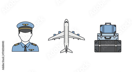 Vector Illustration of Airplane Pilot and Luggage Icons.