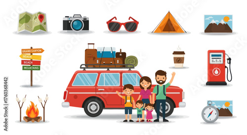 Family Summer Vacation Trip with Car and Essential Travel Icons.