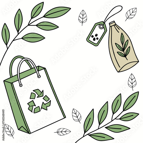 Illustration of a reusable shopping bag with recycle symbol surrounded by leaves and eco friendly items