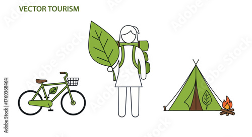 Eco-Tourism Icons: Bicycle Hiker with Leaf Tent and Campfire Representing Sustainable Travel.