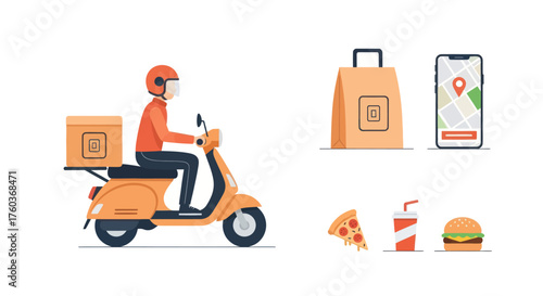 Online Food Delivery Service Illustration with Scooter Mobile App and Fast Food Items.