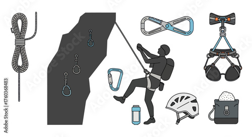 Rock climbing equipment and silhouette of climber on a wall.
