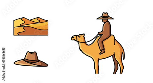 Person riding a camel wearing a hat desert travel icon illustration.