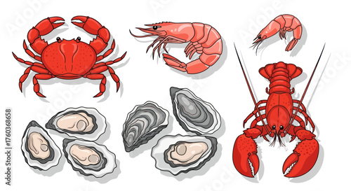 Assortment of Fresh Seafood: Crab Shrimp Lobster Oysters.