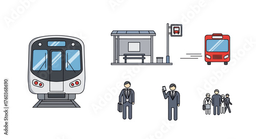 Public Transportation Icons: Train Bus Bus Stop and Commuters.