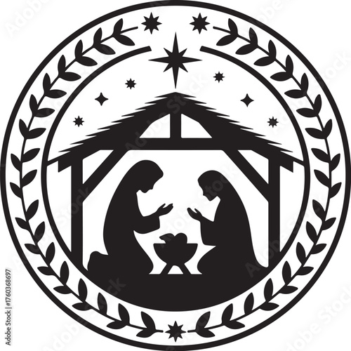 Nativity scene silhouette peaceful holy family worships baby