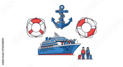 Cruise Ship with Passengers Anchor and Lifebuoys Illustration.