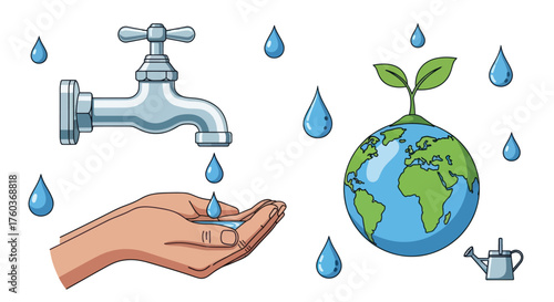 Water conservation concept with dripping faucet hand and planet Earth sprout.