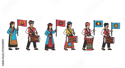 Diverse Group of People in Traditional Attire Holding Flags and Drums.
