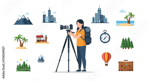 Female Photographer with Camera on Tripod and Backpack Ready for Travel Photography.
