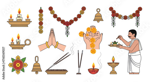 Hindu Puja Ritual Elements: Lamps Garlands Bells Incense and Prayer.