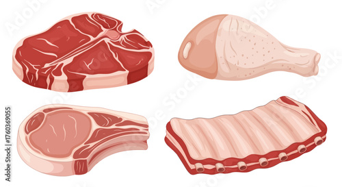 Collection of fresh raw meat cuts: beef steak chicken drumstick pork chop and ribs.