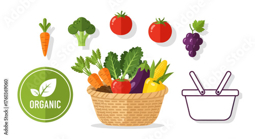 A collection of flat design vector icons featuring a wicker basket filled with fresh organic vegetables and produce.