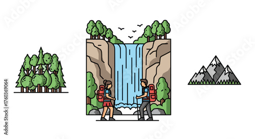 Hikers at Waterfall with Trees and Mountains Illustration.
