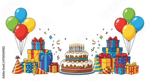 Festive Birthday Cake with Gifts Balloons and Confetti.