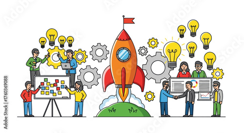 Startup Team Launching Rocket with Ideas and Gears.