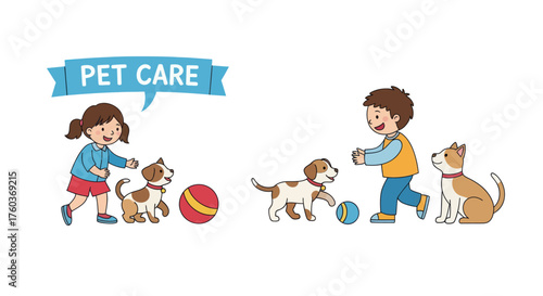 Children happily playing with dogs and cats promoting pet care.