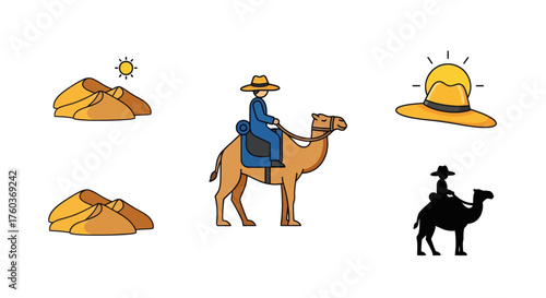 Colorful desert travel icons set featuring camel rider sand dunes and sun hat illustrations.