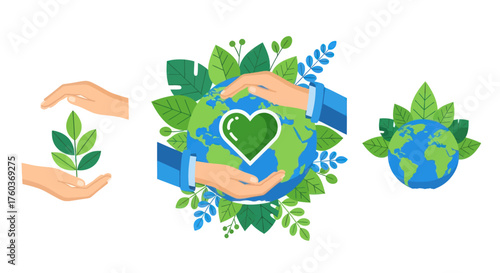 A collection of flat vector illustrations symbolizing environmental protection with hands caring for the Earth and green plants.