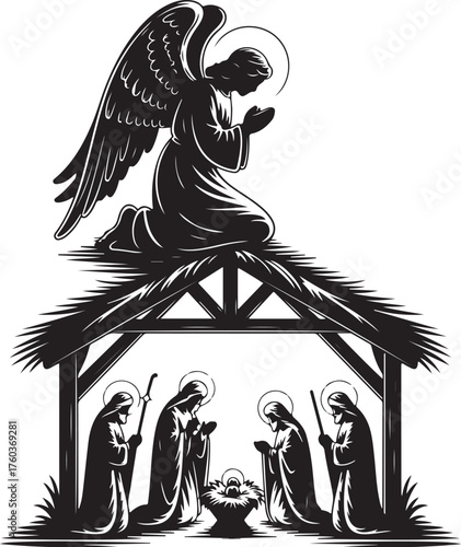 Angel blesses Nativity scene with baby Jesus